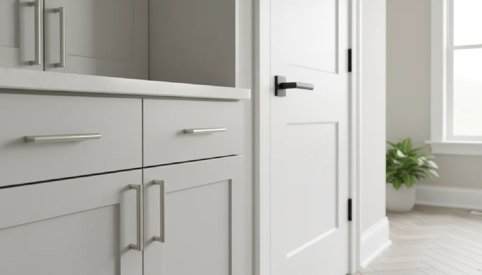 Bright kitchen with freshly installed cabinet pulls and aligned hardware details