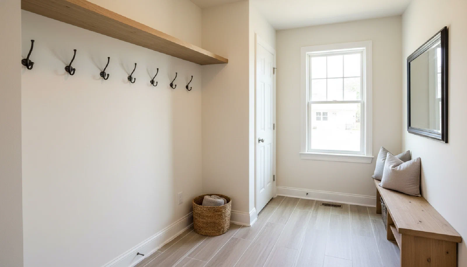 Bright mudroom with shelves, hooks, and trim touch-ups completed in one visit