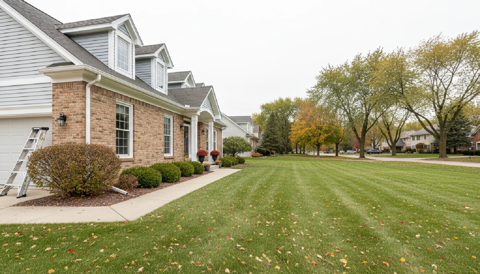 Well-kept suburban home in early fall after seasonal maintenance