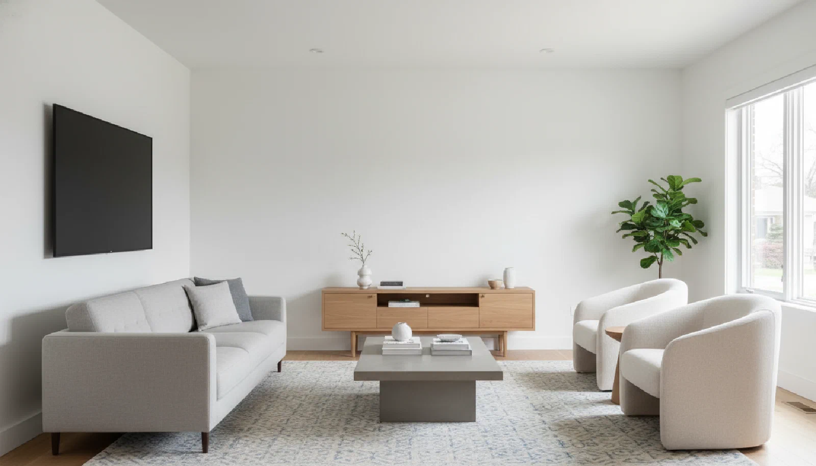 Finished living room with a clean wall-mounted TV and hidden wires