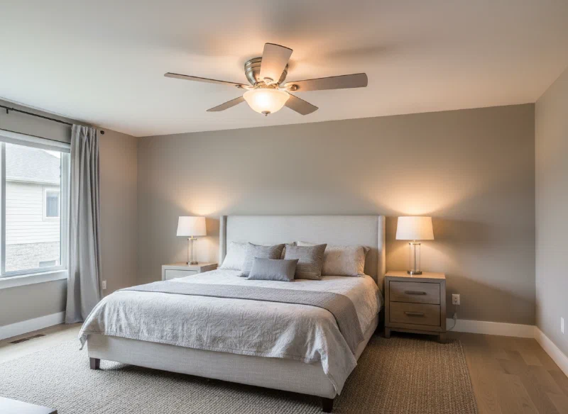 Freshly installed ceiling fan in a tidy bedroom