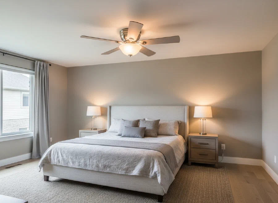 Freshly installed ceiling fan in a finished bedroom