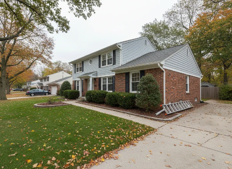 Suburban home exterior after gutter clearing