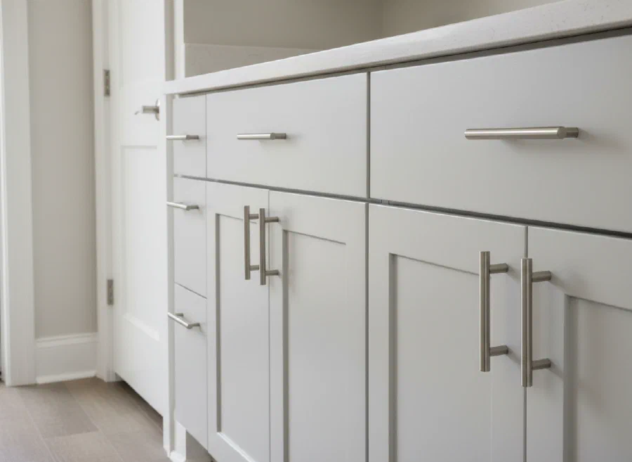 Freshly installed cabinet hardware and door hardware in a bright kitchen