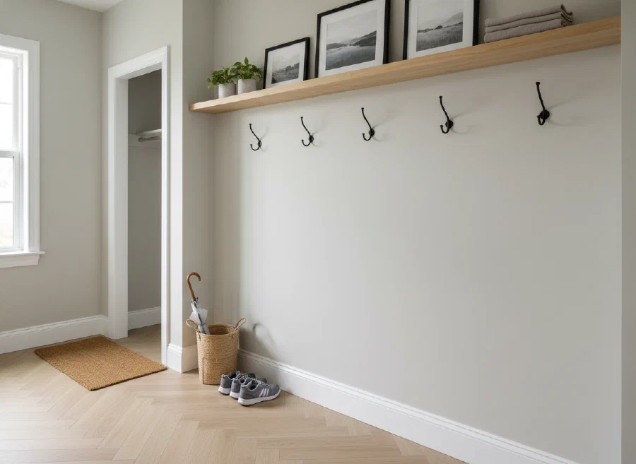 A bright mudroom with freshly installed shelves, hooks, and clean trim details