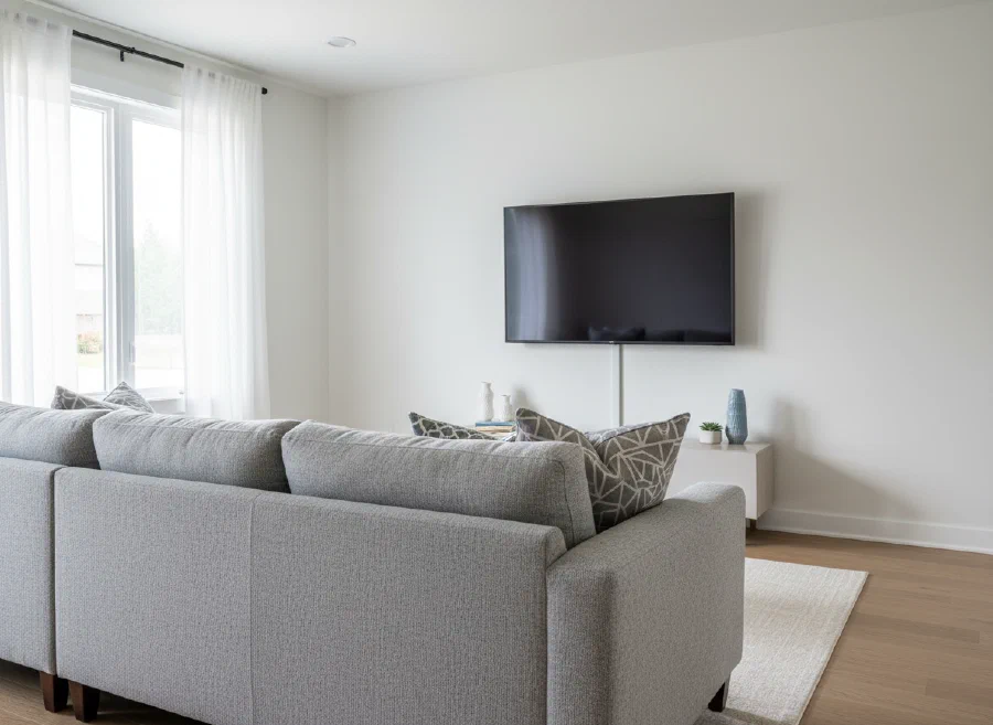 Wall-mounted TV with hidden wires in a bright living room