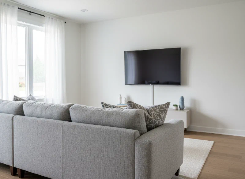 Wall-mounted TV with hidden wires in a bright living room
